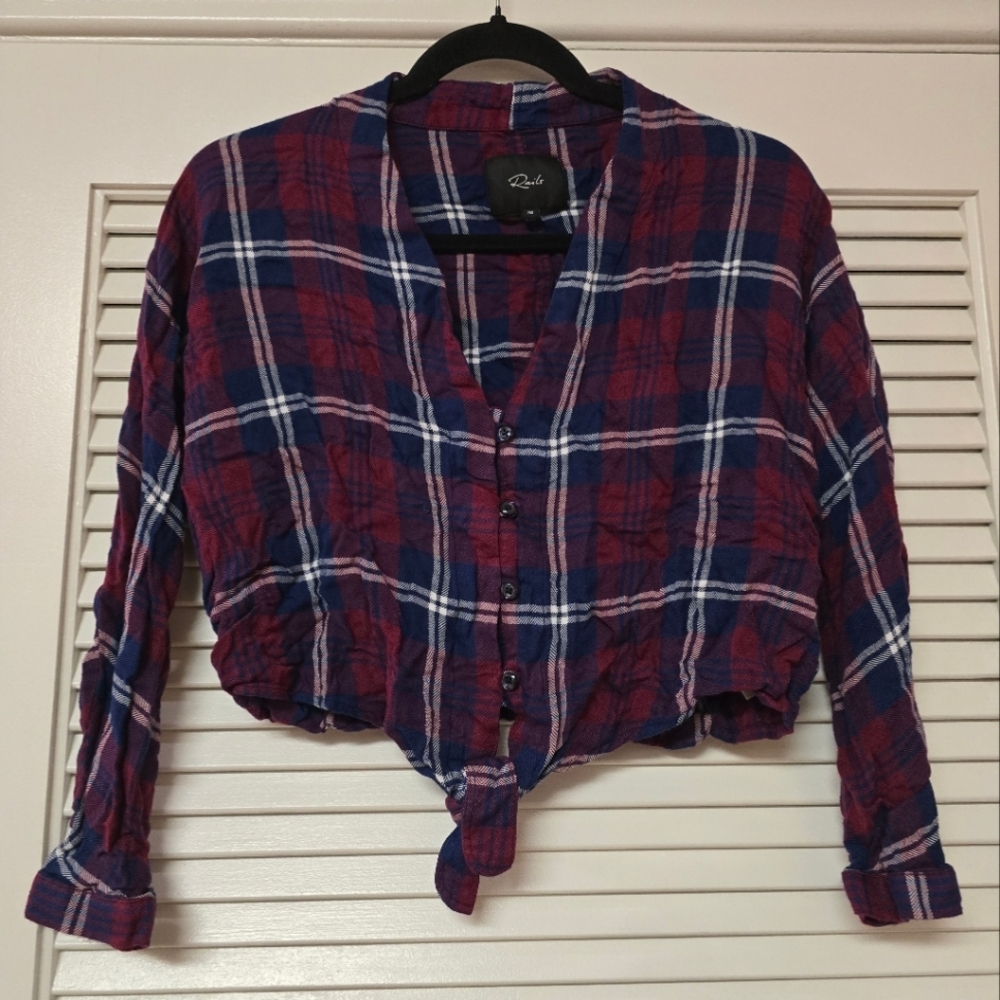 Rails - Plaid Long-Sleeve Button Crop Tie Knot Top